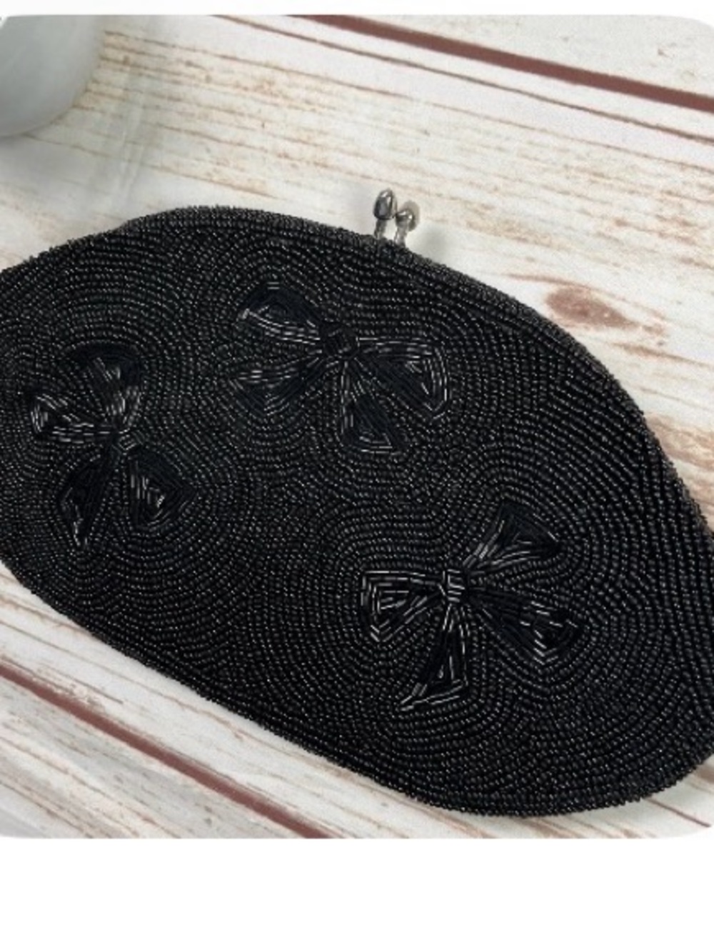 Vintage Black Beaded Bow Clutch